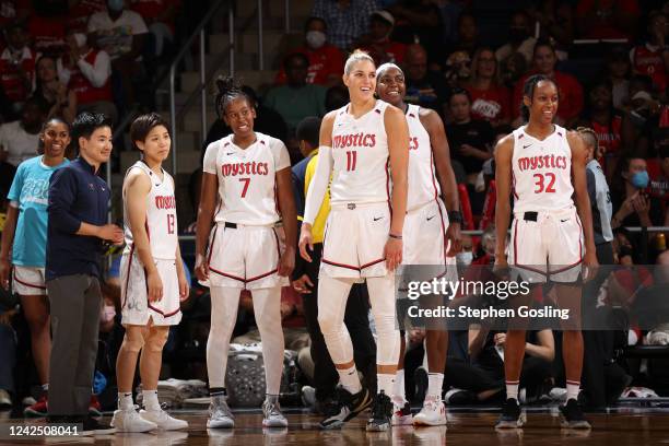 Washington Mystics smiles during the game against the Indiana Fever on August 14, 2022 at Entertainment & Sports Arena in Washington, DC. NOTE TO...