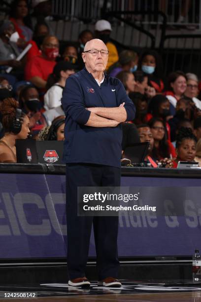 Head Coach Mike Thibault of the Washington Mystics looks on during the game against the Indiana Fever on August 14, 2022 at Entertainment & Sports...