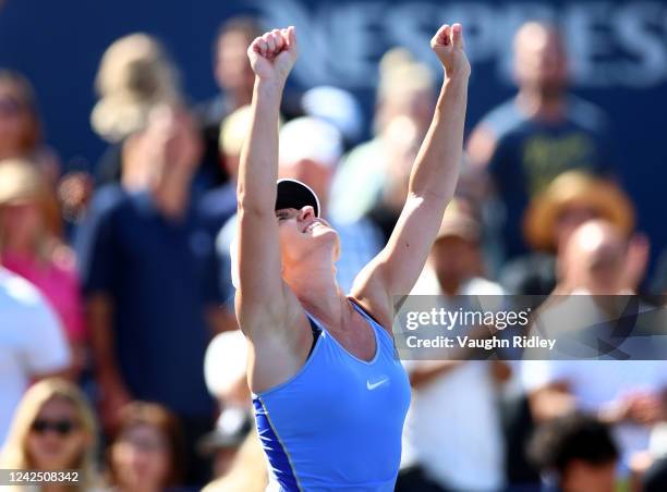 Simona Halep of Romania celebrates her victory over Beatriz Haddad Maia of Brazil following the singles final of the National Bank Open, part of the...