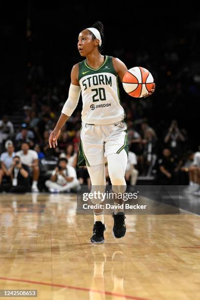 Briann January of the Seattle Storm handles the ball during the game against the Las Vegas Aces on August 14, 2022 at Michelob ULTRA Arena in Las...