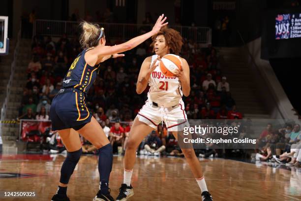 Tianna Hawkins of the Washington Mystics handles the ball during the game against the Indiana Fever on August 14, 2022 at Entertainment & Sports...