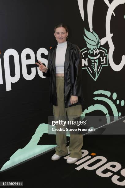 Sami Whitcomb of the New York Liberty arrives to the arena before the game against the Atlanta Dream on August 14, 2022 at the Barclays Center in...