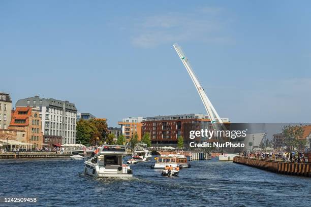 General view of the busy traffic on the Motlava river during the hot summer day is seen seen in Gdansk, Poland on 14 August 2022