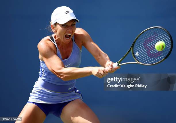 Simona Halep of Romania plays a shot against Beatriz Haddad Maia of Brazil during the singles final of the National Bank Open, part of the Hologic...