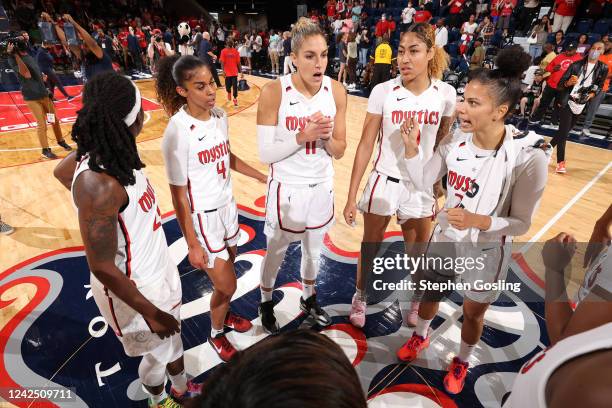 Washington Mystics huddle during the game against the Indiana Fever on August 14, 2022 at Entertainment & Sports Arena in Washington, DC. NOTE TO...