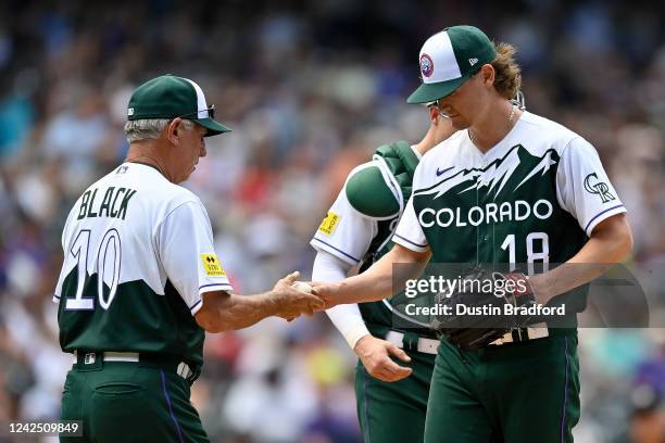 Ryan Feltner of the Colorado Rockies is relieved by Bud Black in the fifth inning of a game against the Arizona Diamondbacks at Coors Field on August...