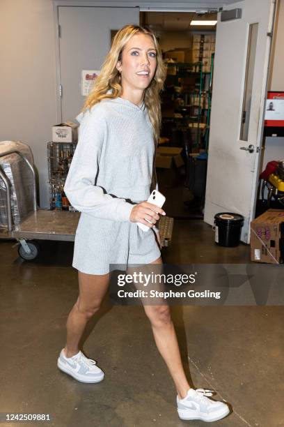 Lexie Hull of the Indiana Fever arrives to the arena before the game against the Washington Mystics on August 14, 2022 at Entertainment & Sports...