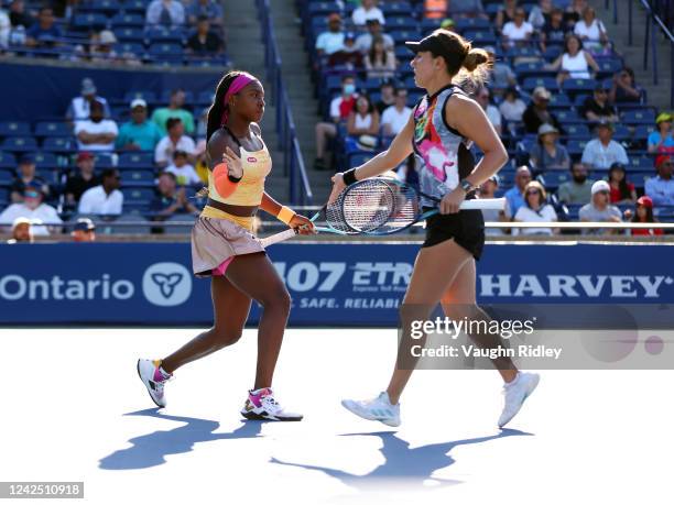 Coco Gauff of the United States and Jessica Pegula of the United States play against Nicole Melichar-Martinez of the United States and Ellen Perez of...