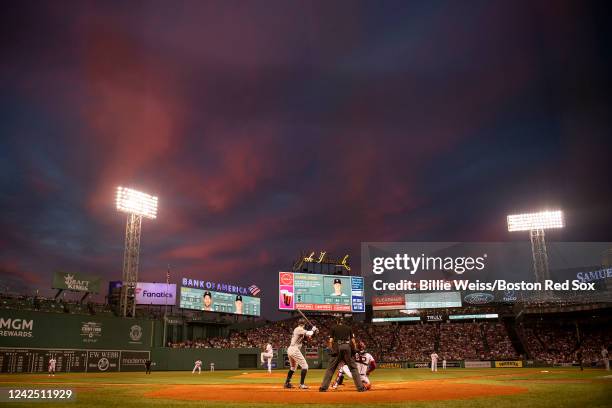 General view during sunset as Michael Wacha of the Boston Red Sox pitches to Aaron Judge of the New York Yankees in the fourth inning on August 14,...