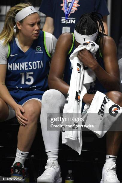 Minnesota Lynx guard Rachel Banham consoles Minnesota Lynx center Sylvia Fowles after Fowles came out of the game for the final time, in what would...