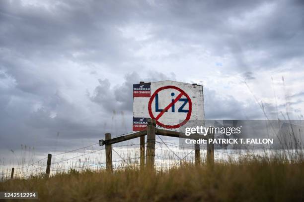 Hand painted sign stands in opposition to US Representative Liz Cheney displayed on the side of a road along with support of her Republican primary...