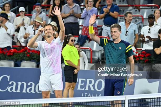 Wesley Koolhof of the Netherlands and Neal Skupski of Great Britain celebrate their victory against Daniel Evans of Great Britain and John Peers of...