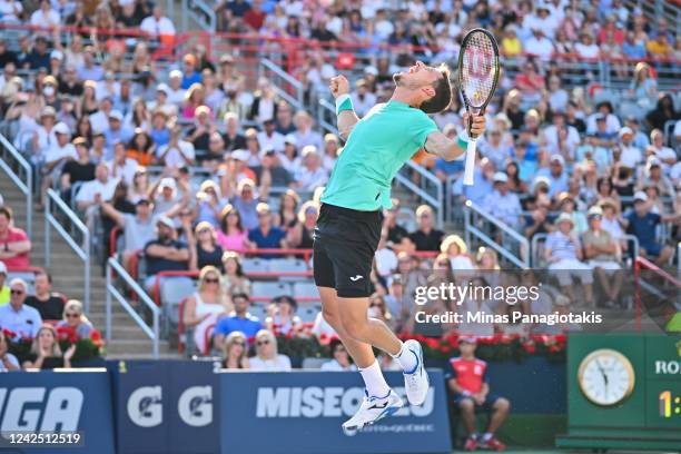 Pablo Carreno Busta of Spain jumps up in the air as he celebrates his victory against Hubert Hurkacz of Poland in the final round during Day 9 of the...