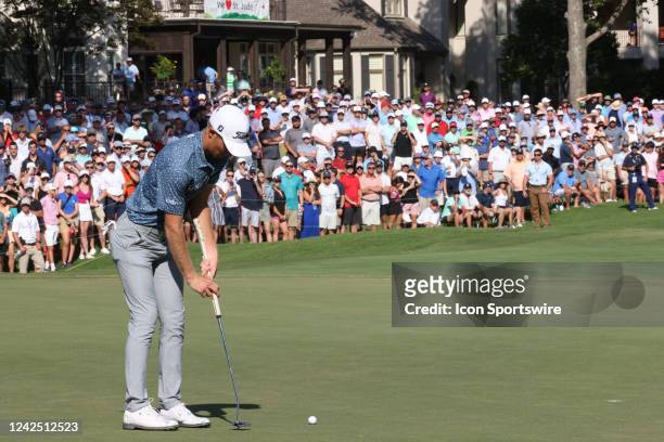 Will Zalatoris putts for par on No. 18 during the final round of the FedEx St. Jude Championship, August 14 at TPC Southwind in Memphis, Tennessee.