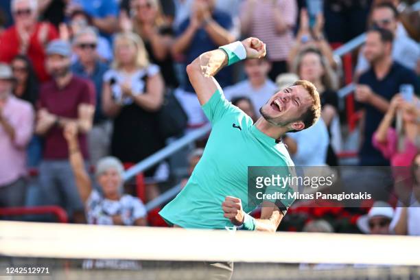 Pablo Carreno Busta of Spain celebrates his victory against Hubert Hurkacz of Poland in the final round during Day 9 of the National Bank Open at...