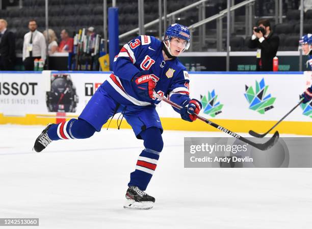 Luke Hughes of United States warms up prior to the game against Sweden in the IIHF World Junior Championship on August 14, 2022 at Rogers Place in...