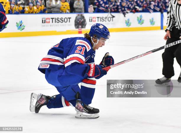Brett Berard of United States celebrates after scoring a goal during the game against Sweden in the IIHF World Junior Championship on August 14, 2022...