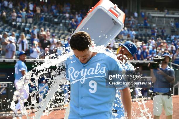 Kansas City Royals first baseman Vinnie Pasquantino gets doused by teammates after being named the Player of the Game after winning a MLB game...