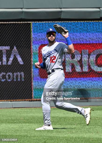 Los Angeles Dodgers left fielder Joey Gallo catches for an out during a MLB game between the Los Angeles Dodgers and the Kansas City Royals on August...