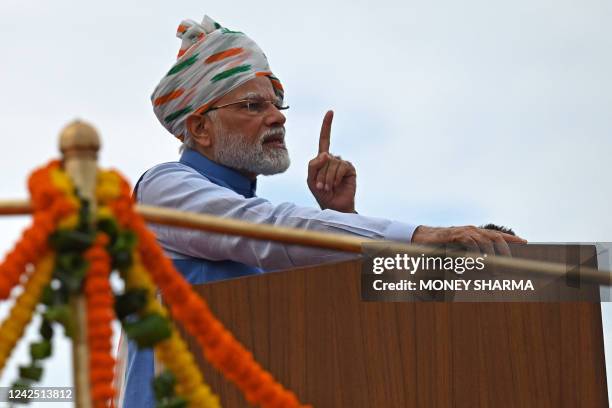 Indias Prime Minister Narendra Modi addresses the nation from the ramparts of the Red Fort during the celebrations to mark countrys Independence Day...