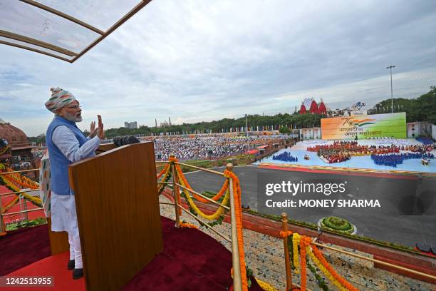 Indias Prime Minister Narendra Modi addresses the nation from the ramparts of the Red Fort during the celebrations to mark countrys Independence Day...