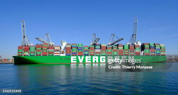 The new worlds largest containership the Ever Alot in dock at the Amazonehaven on August 13, 2022 in Rotterdam harbour, Netherlands.