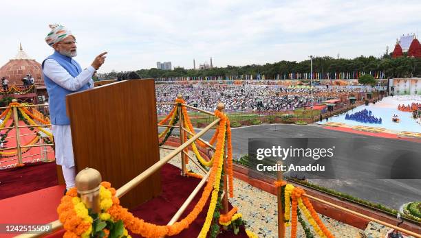 India Prime Minister Narendra Modi addresses the nation from the ramparts of the Red Fort on the occasion of the 75th Independence Day, in New Delhi...