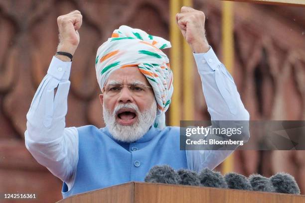 Narendra Modi, India's prime minister, speaks at the nation's Independence Day ceremony at Red Fort in New Delhi, India, on Monday, Aug. 15, 2022....