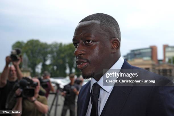 Benjamin Mendy, a player for Manchester City, arrives for the first day of his trial at Chester Crown Court on August 15, 2022 in Chester, England....