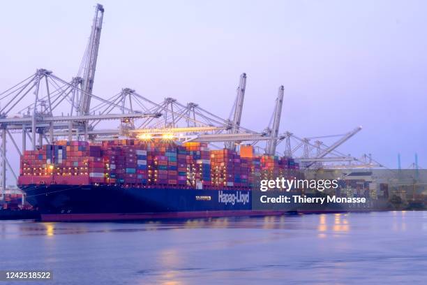 Tihama, a Maltese Flag container ship, of shipping line Hapag-Lloyd, is seen at dock in the Amazonehaven on August 12, 2022 in Rotterdam harbour,...