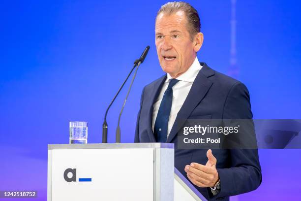 Mathias Doepfner, CEO of Axel Springer, speaks at a reception on the occasion of Friede Springer's 80th birthday at Axel Springer Haus on August 15,...