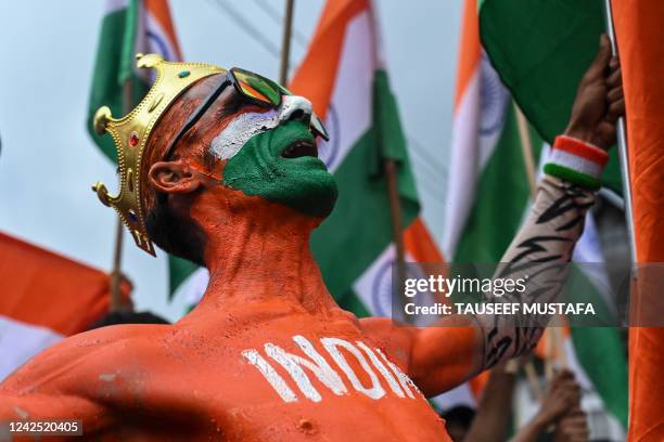 An activist of Akhil Bharatiya Vidyarthi Parishad shout pro-India slogans during the celebrations to mark India's 75th Independence Day at Lal Chowk...