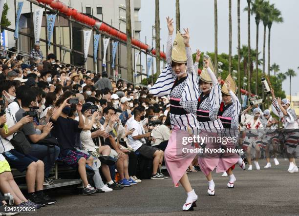 People dance on the final day of the four-day Awa dance festival in Tokushima, western Japan, on Aug. 15, 2022.