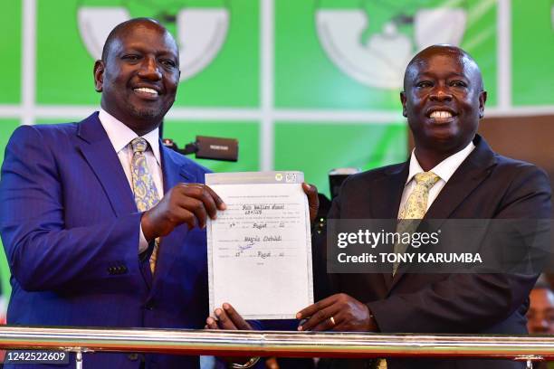 Kenyan President-elect William Ruto from Kenya Kwanza political party coalition andhis running mate Rigathi Gachaua celebrates at the Independent...