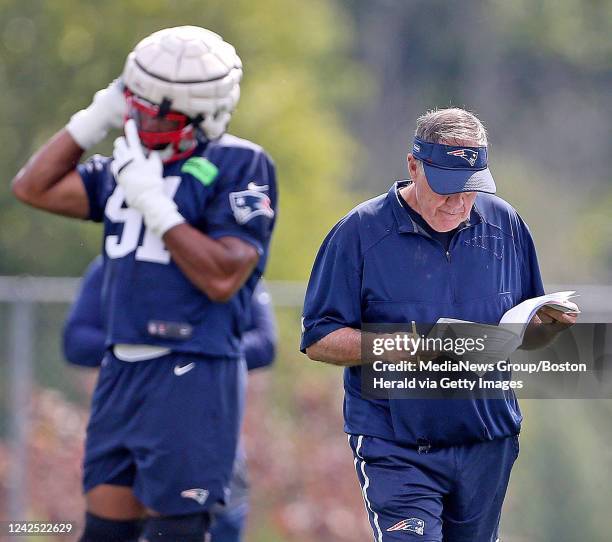 August 15: New England Head Coach Bill Belichick during training camp at Gillette Stadium on August 15, 2022 in Foxboro, Massachusetts.