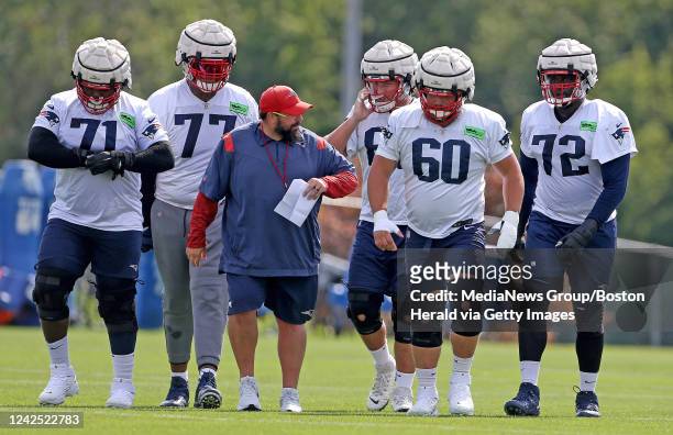 August 15: New England Patriots, senior football advisor and offensive line coach Matt Patricia with Mike Onwenu, Trent Brown, Cole Strange, David...