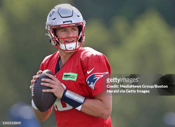 August 15: Mac Jones of the New England Patriots during training camp at Gillette Stadium on August 15, 2022 in Foxboro, Massachusetts.