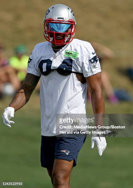 August 15: Kendrick Bourne of the New England Patriots during training camp at Gillette Stadium on August 15, 2022 in Foxboro, Massachusetts.
