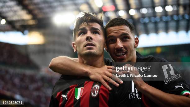 Brahim Diaz of AC Milan celebrates with Ismael Bennacer of AC Milan after scoring a goal during the Serie A football match between AC Milan and...