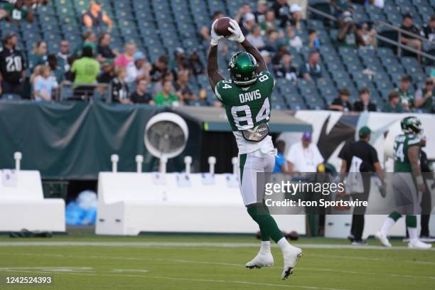 New York Jets wide receiver Corey Davis warms up during pre-season game between the New York Jets and the Philadelphia Eagles on August 12, 2022 at...
