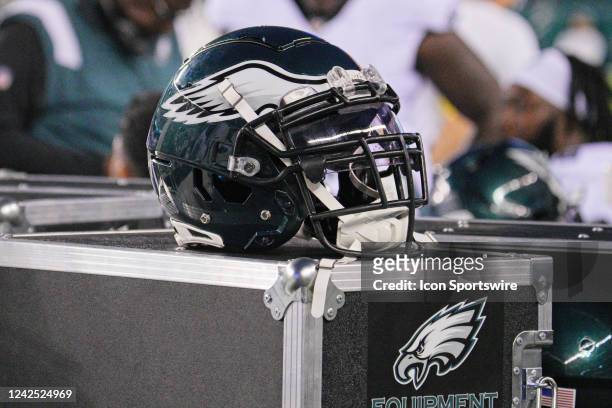 Philadelphia Eagles helmet sits on a cart during pre-season game between the New York Jets and the Philadelphia Eagles on August 12, 2022 at Lincoln...