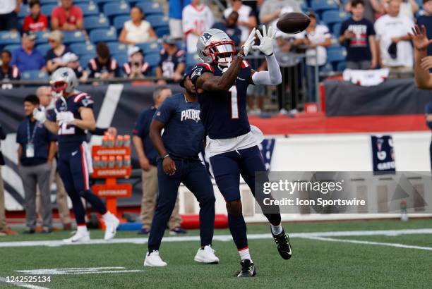 New England Patriots wide receiver DeVante Parker makes a grab in warm up before an NFL preseason game between the New England Patriots and the New...