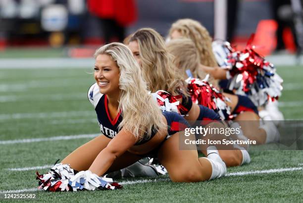 Patriots cheerleaders perform during an NFL preseason game between the New England Patriots and the New York Giants on August 11 at Gillette Stadium...