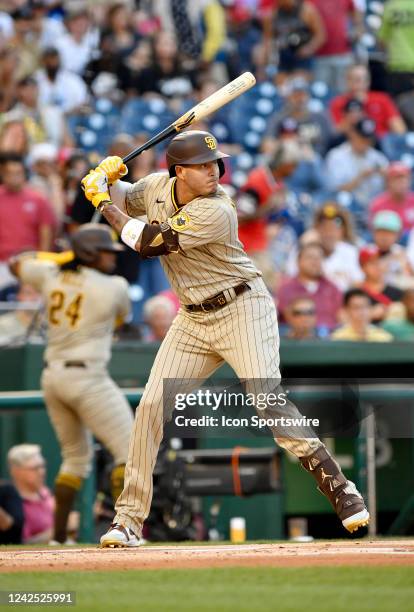 San Diego Padres third baseman Manny Machado waits for a pitch during the San Diego Padres versus Washington Nationals MLB game at Nationals Park on...