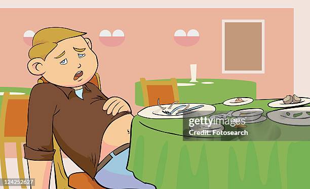 close-up of a young man resting in a restaurant after eating - man looking inside mouth illustrated stock illustrations