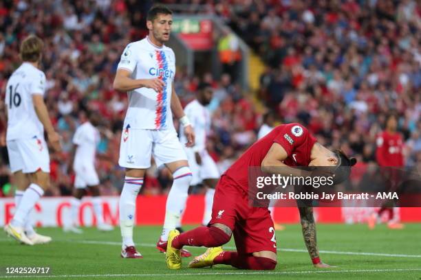 Darwin Nunez of Liverpool reacts after a missed chance during the Premier League match between Liverpool FC and Crystal Palace at Anfield on August...