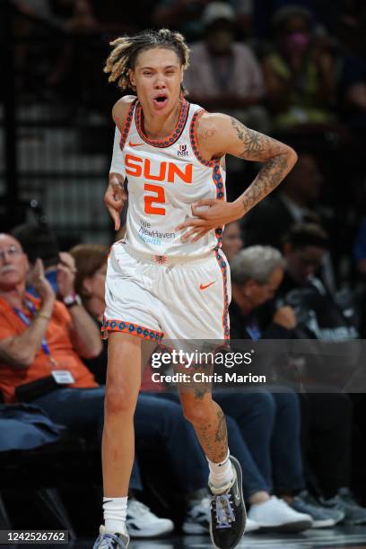 Natisha Hiedeman of the Connecticut Sun celebrates during the game against the Minnesota Lynx on August 14, 2022 at Mohegan Sun Arena in Uncasville,...