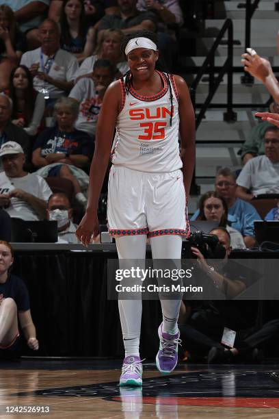 Jonquel Jones of the Connecticut Sun smiles during the game against the Minnesota Lynx on August 14, 2022 at Mohegan Sun Arena in Uncasville,...