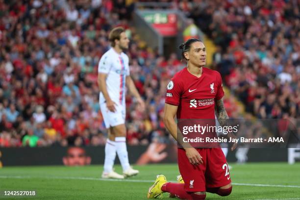 Darwin Nunez of Liverpool reacts after a missed chance during the Premier League match between Liverpool FC and Crystal Palace at Anfield on August...