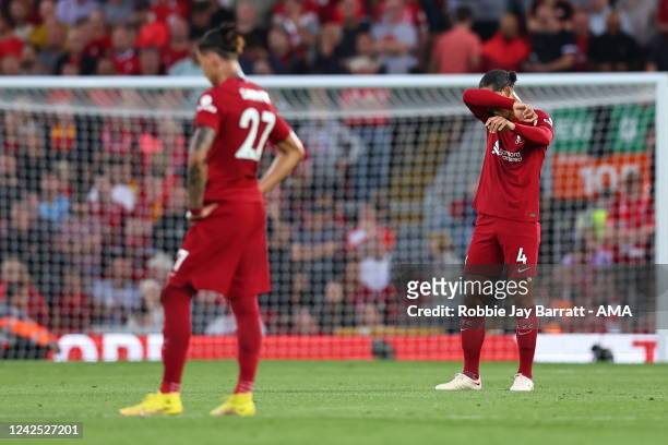Virgil van Dijk of Liverpool dejected after Wilfried Zaha of Crystal Palace scored a goal to make it 0-1 during the Premier League match between...